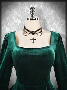 SHEIN ICON 加大码方领天鹅绒喇叭袖连衣裙，万圣节服装，女巫连衣裙，适合派对礼服 - 綠色 - 查看 5