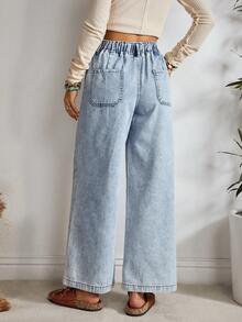 EMERY ROSE Pantalones vaqueros de pierna ancha con cordón y lavado casual para vacaciones - Azul - Ver 2