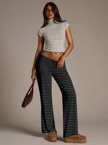 Aloruh بنطلون نسائي جديد ذو خصر منخفض مخطط باللونين الأسود والرمادي، مناسب للخارج والكاجوال والرياضة في فصلي الخريف والشتاء - الأسود - مشاهدة 3