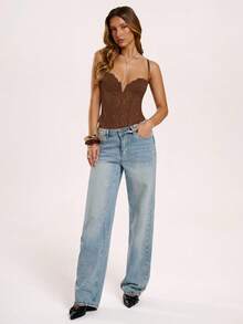 SHEIN BAE Bộ đồ liền thân ren chắp vá màu trơn dành cho nữ đường may xương cá - màu nâu - Xem 4