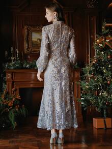 Anewsta 优雅亮片3D立体花卉网纱连衣裙，精致高端，适合派对、约会之夜 - 銀色 - 查看 2