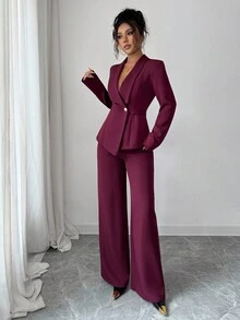 Elenzga petite 2件組女款套裝：酒紅色優雅辦公秋冬長袖翻領金屬扣不對稱下擺西裝外套與鬆緊腰長褲，商務派對適用，適合嬌小女性 - 紫紅色 - 查看 5