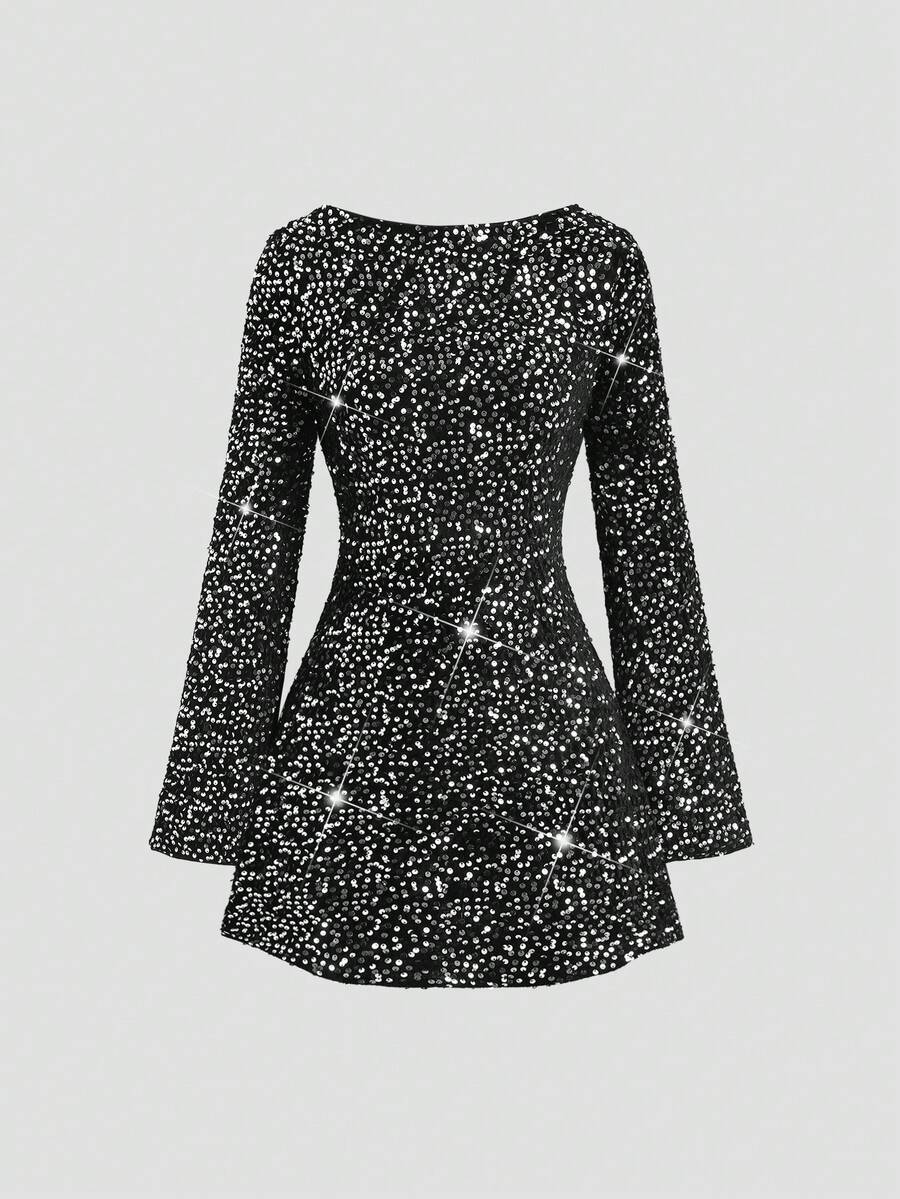SHEIN Unity 亮片露背迷你连衣裙，情人节服装 - 黑與白 - 查看 1