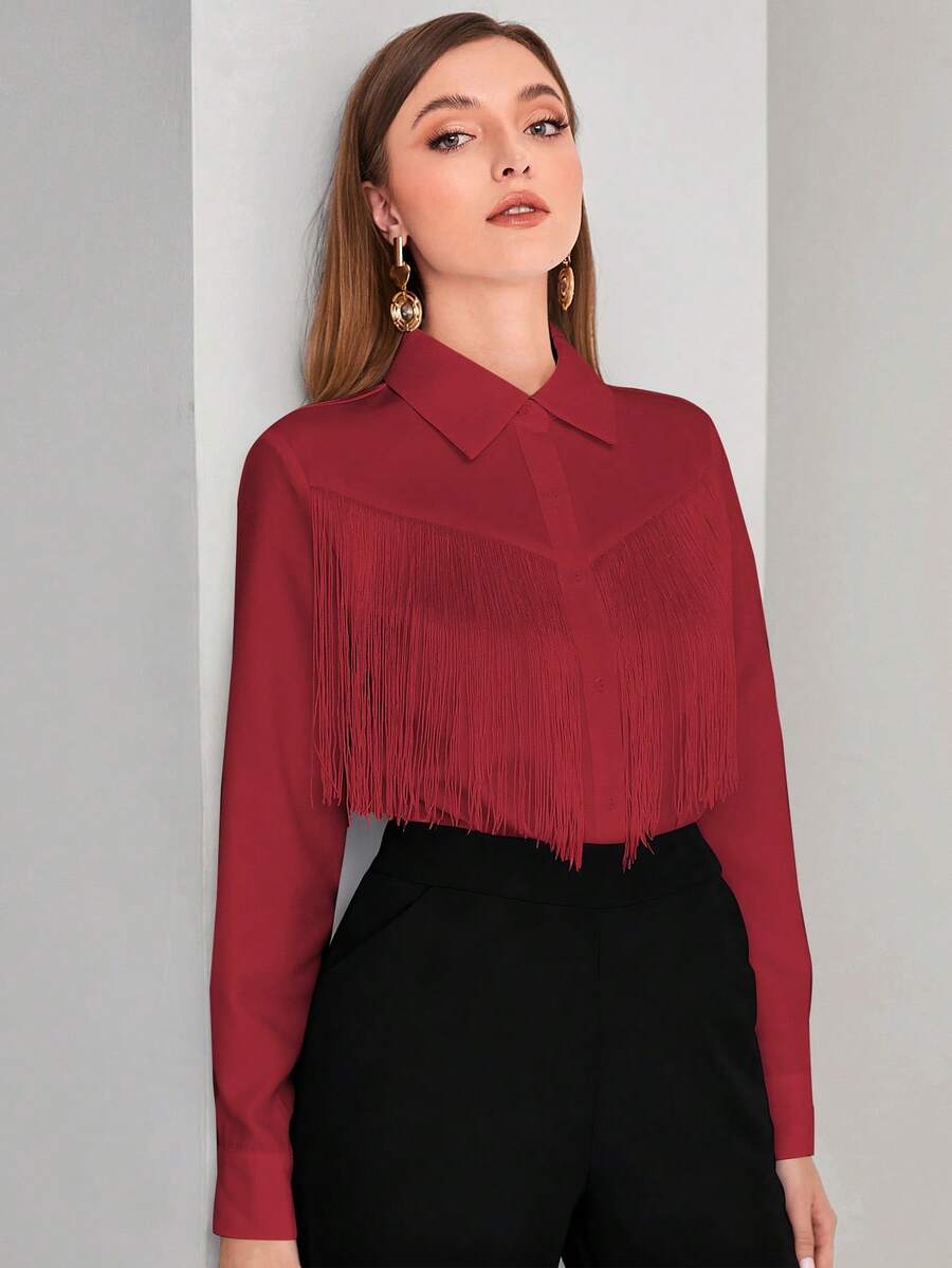 Modelyn 女式纯色长袖流苏边优雅衬衫 - 紅色 - 查看 1
