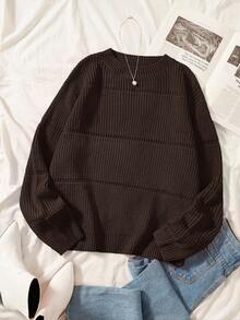 SHEIN EZwear 加大纯色春季罗纹针织毛衣绿色毛衣女款秋冬毛衣 - 棕色 - 查看 1