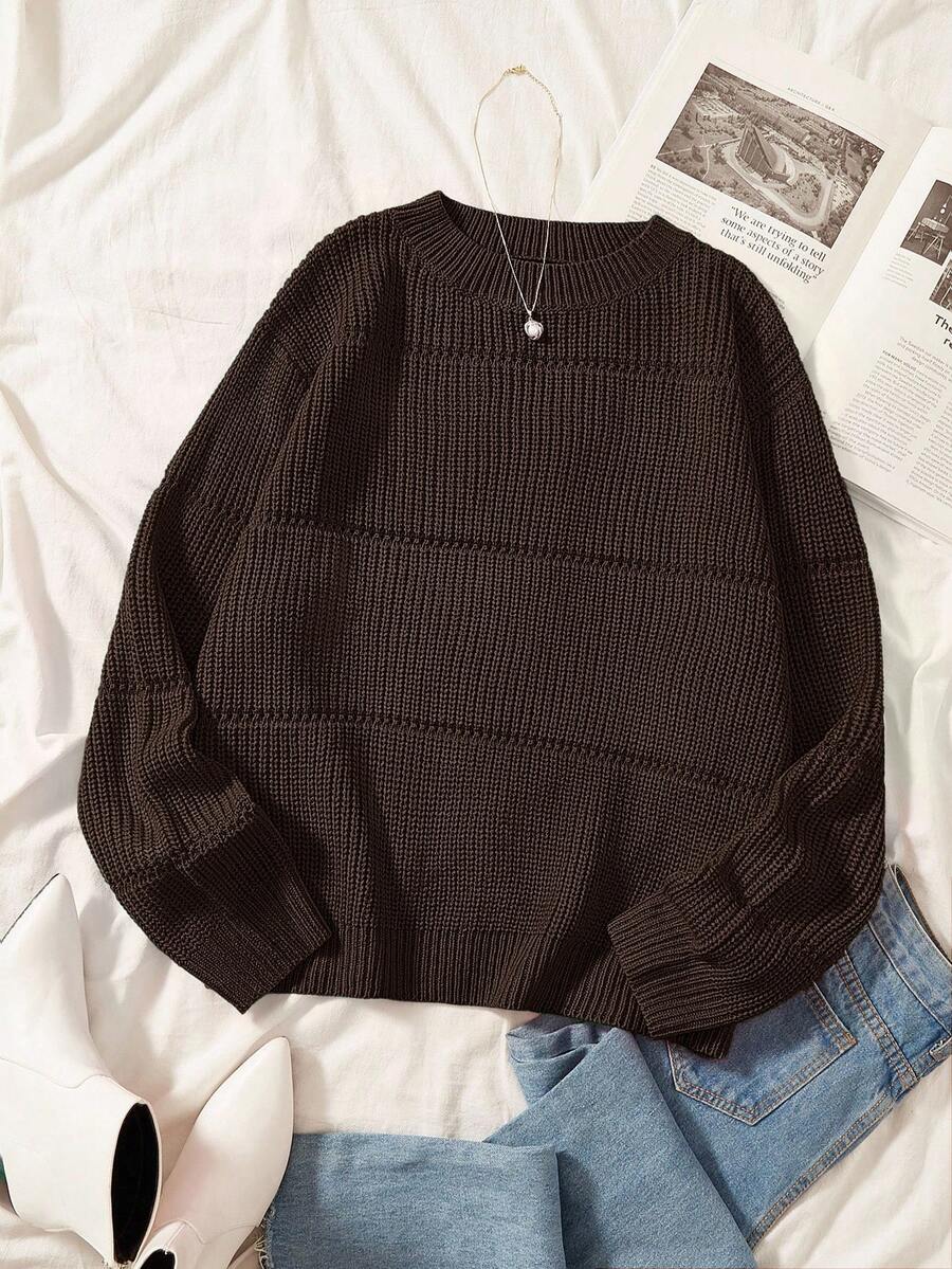 SHEIN EZwear 加大纯色春季罗纹针织毛衣绿色毛衣女款秋冬毛衣 - 棕色 - 查看 1