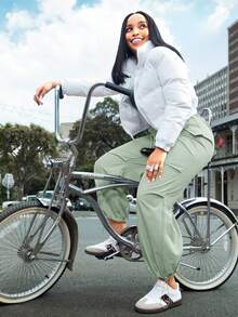 Slaydiva 女士直筒宽松工装裤，高腰抽绳宽松口袋休闲慢跑裤，嬉皮朋克街头风绿色女裤，女士休闲阔腿裤，夏季阔腿裤，女士工作裤，居家办公穿搭，女士长裤，工作裤 - 薄荷綠 - 查看 8