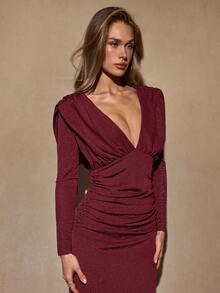 SHEIN BAE Robe sexy à col en V profond et drapée pour femmes, idéale pour les soirées - Rouge foncé - Voir 4