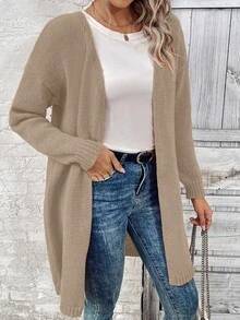 SHEIN LUNE 纯色中长款休闲开衫，秋冬 - 駝色 - 查看 4