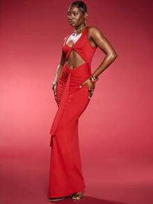 Normani Slinky ausgeschnittenes gerafftes Drapier-Maxikleid für Urlaub, Sommer, Hochzeitsgäste, Feiertage, Strand, Ibiza, Abend, Hochzeitsgäste, elegant, Date Night, Weihnachten, Halloween, Herbst, Winterparty - Rot - Übersicht 2