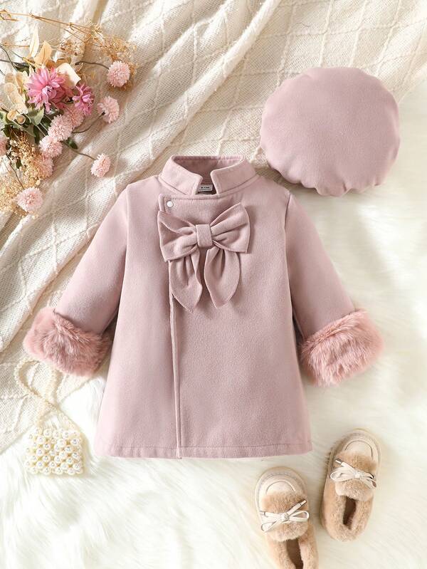 Babyflickors moderiktiga och eleganta rosettdekorationer med fluffig manschett, avslappnad rosa baskerhatt