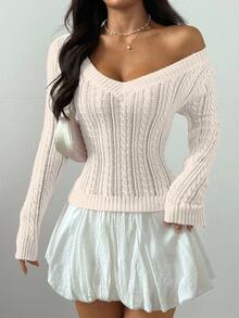 SHEIN PETITE Women's Casual Solid Color V-Neck Ribbed Cable Knit Long Sleeve Sweater Top, Autumn/Winter - White - View 6