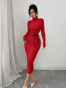 Elenzga Women's Elegant High Neck Fitted Ribbed Texture Bowknot Knit Sweater Dress - Red - View 6