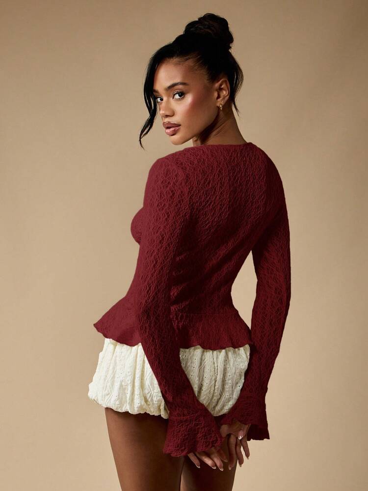 MISSGUIDED Burgunderroter Strickjacke mit Lochstrick, Rüschensaum, Langarm, Knopfverschluss, Herbst-Winter-Layering-Pullover, Weihnachten