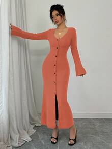 Elenzga Váy dệt kim ôm sát tay loe cài nút phía trước dành cho nữ - trái cam - Xem 3