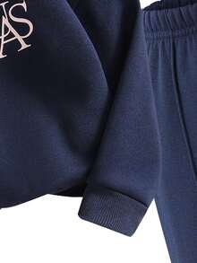 SHEIN Genkimix Kids 2 件套年轻女孩时尚修身夹克和高腰阔腿裤套装，春秋 - 藏蓝色 - 查看 6