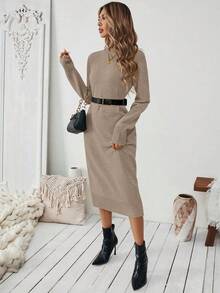 SHEIN Vestido de punto de unicolor casual para mujer, versátil para otoño/invierno - Caqui - Ver 3