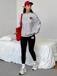 SHEIN EZwear 2 件套休闲宽松圆领运动衫和紧身打底裤，23 号，街头服饰，复古，返校，复古，秋季女士休闲装，秋冬，校服，乡村，嘻哈，街头服饰，运动，健身，健身房 - 彩色 - 查看 5