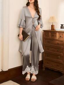成熟法式优雅性感缎面蕾丝女士睡衣套装 - 淺灰色 - 查看 1
