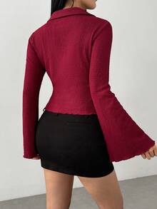 Flirla Women's Solid Color Single-Breasted Casual Flared Sleeve Blouse, Spring And Summer, Fall Clothes Women Shirt - Burgundy - View 2