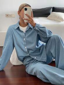 Livesso Bộ 2 món áo sơ mi dài tay cài nút phía trước màu trơn dành cho nữ và quần jeans - Rửa nhẹ - Xem 5