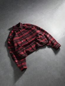 PAVTROS Manfinity Streetrush 男士街头风流行INS风男士休闲水钻装饰短袖衬衫/长袖衬衫，街头服饰，保暖冬季，圣诞节，男友礼物，红色格子衬衫 - 紅色 - 查看 7