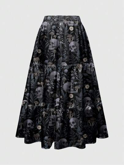 Goth Jupe mini noire et bleue de style bohème romantique avec imprimé de crâne mystérieux et de feuilles en 3 couches pour femmes
