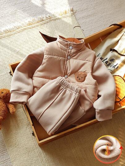 Vintaside Kids 3 件套男婴休闲米色羊毛圆领运动衫套装和米色厚熊图案背心套装，适合秋冬季外出、居家、小型聚会、运动