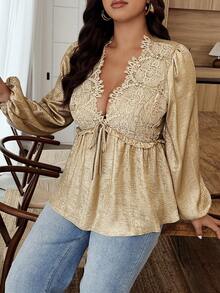Weeklong Plus Size Women Lace & Foil Decor Tie Waist V-Neck Long Sleeve Blouse, Suitable For Daily, Party, Event - Gold - View 4