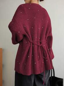 Dazy-Less Áo khoác cardigan len kim sa lấp lánh, rộng rãi, thoải mái cho nữ, có dây rút ở eo, thích hợp mặc đi làm, đi chơi, mặc ở nhà vào mùa thu/đông, Giáng sinh, năm mới - Màu Đỏ Sâu - Xem 5