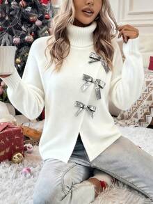 Elenzga Damen eleganter Pullover, Langarm, Schleifendekor, weich und bequem, geeignet für den Alltag, Herbst/Winter - Weiss - Übersicht 7