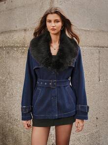 Selenza Women's Fur Collar Long Sleeve Waist Buckle Design Fashion Denim Jacket - Blue - View 8
