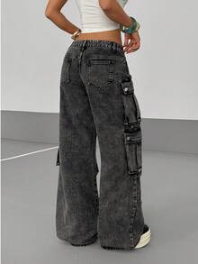 StreetHx 女式休闲做旧宽松多口袋工装牛仔裤 - 黑色 - 查看 2