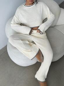 Aloruh Conjunto de dos piezas de suéter de color albaricoque con bordes negros - Top de suéter + Pantalones de suéter, cómodo y casual para usar en casa - Albaricoque - Ver 5