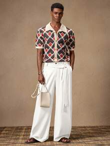 AKNOTIC Business Casual 男士休闲宽松松紧腰直筒斜纹布裤，适合夏季、度假、日常穿着、派对、情侣装、男士礼物 - 白色 - 查看 2