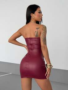 StreetHx 勃艮第红 PU 皮革无袖迷你连衣裙，秋季女士街头风格 - 紅色 - 查看 2