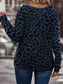 EMERY ROSE Casual Fashionable Plus Size V-Neck Long Sleeve Leopard Print T-Shirt, Plus Size, Autumn/Winter Fall - Multicolor - View 2
