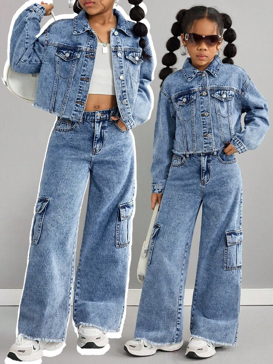 SHEIN 2 piezas Conjunto informal de moda para niñas preadolescentes Y2k, estilo vintage y cool, de vuelta a la escuela y universidad, compuesto por una chaqueta corta de mezclilla azul y unos cómodos y sueltos jeans con bolsillos, para ropa de diario y atuendos de otoño e invierno, fiestas y festivales, ropa de calle para niñas preadolescentes