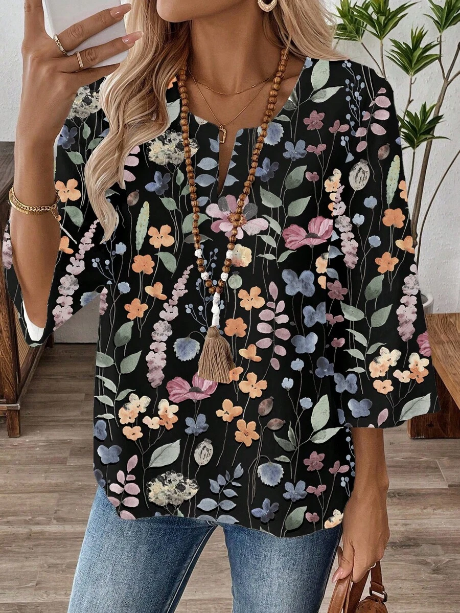 EMERY ROSE Áo sơ mi công sở cổ chữ V tay 3/4 dành cho nữ, Xuân/Thu - màu đen - Xem 1