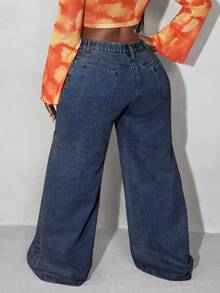 Quần jean ống rộng dáng rộng, cài nút, có túi xéo, thường ngày, size lớn - Rửa tối - Xem 3