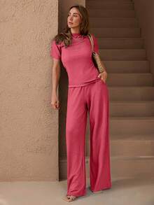 SHEIN Cottnline TEXTURE SOLID COLOR TSHIRT & STRETCH ELASTICAL FIT WAIST STRAIGHT TEXTU PANT CO ORD SET - Rusty Rose - View 6