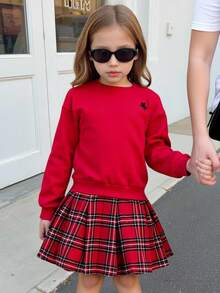 SHEIN 小女孩衣服纯红色圆领刺绣运动衫搭配格子百褶裙青少年女孩 2 件套，红色格子裙套装，圣诞裙套装 - 紅色 - 查看 10