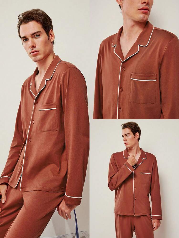 Pijamas de Navidad y Año Nuevo para parejas, suaves de 100% algodón puro, conjunto de pantalón y camisa abotonada básica roja para hombre, pijamas de salón con bolsillos para hombre, pijamas esenciales para bodas en otoño