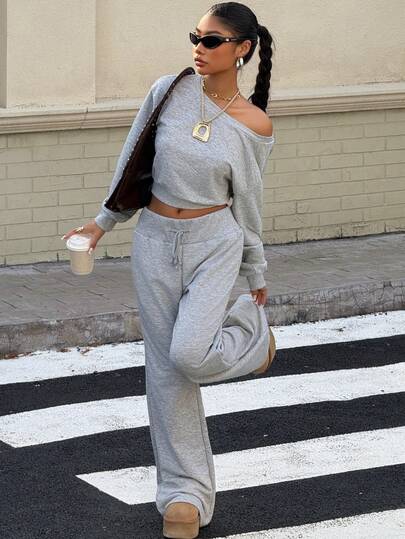 Muchica 2pcs Women's Set: Grey Asymmetric Neck Sweatshirt & Flared Sweatpants