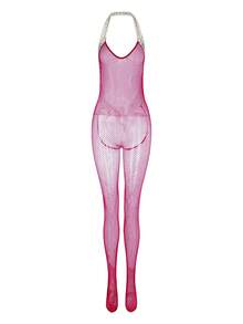 SHEIN 1 bộ đồ liền thân lưới lưới bán trong suốt co giãn cao có viền họa tiết da báo, thích hợp cho vũ hội, hộp đêm, tiệc tùng, câu lạc bộ - Màu Đỏ Sâu - Xem 6