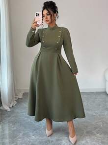 Elenzga 大码女士编织的优雅时尚秋季连衣裙 - 軍綠色 - 查看 3