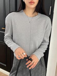 Livesso Áo thun tay dài màu trơn đơn giản, thoải mái khi đi làm, phù hợp cho mùa thu và mùa xuân - Màu xanh bụi bặm - Xem 4