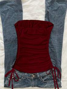 Attitoon 女士休闲抽绳系带短款抹胸 - 酒紅色 - 查看 6