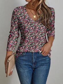 EMERY ROSE Áo thun nữ tay dài cổ chữ V họa tiết hoa, phù hợp cho mùa xuân và mùa thu - Nhiều màu - Xem 3