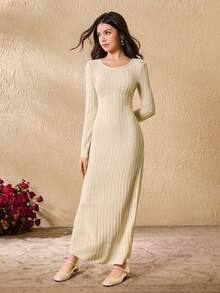 Elegant Minimalist Fashion Daily Round Neck Raglan Long Sleeve Cinched Waist Snug Fit Dress, Soft Ribbed Knit Fabric, Apricot Color, Versatile All-Match Slip Dress For Teenage Girls, Autumn/Winter - Apricot - View 1